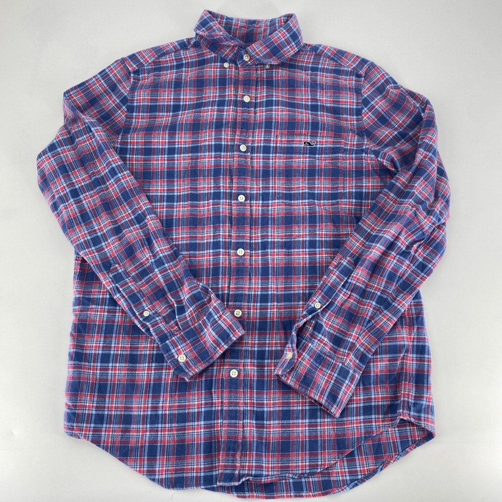 Vineyard Vines Mens Flannel Long Sleeve Button Down Shirt Red Blue Plaid Size M‎